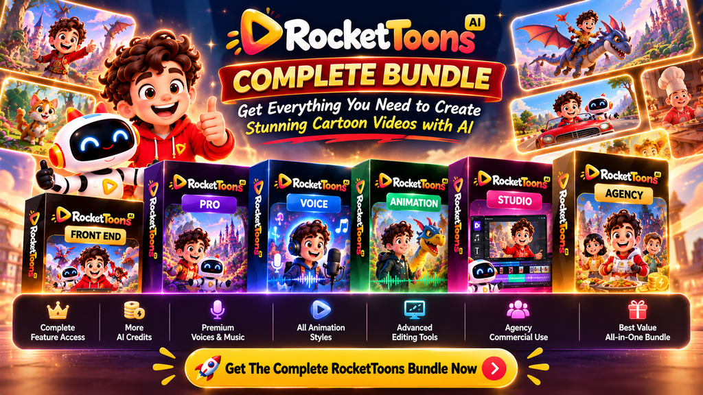 RocketToons AI Bundle promotional image featuring cartoon characters, AI video creation tools, animation styles, premium voices, advanced editing features, and software upgrade packages.