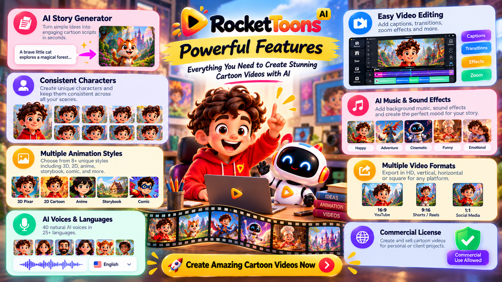 RocketToons AI features including cartoon story generation, consistent characters, animation styles, AI voices, music, video editing, multiple export formats, and commercial licensing.