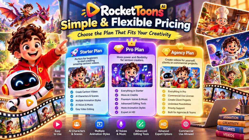 RocketToons AI pricing page image comparing Starter, Pro, and Agency plans with AI cartoon creation, animation styles, voiceovers, video editing, and commercial-use features.