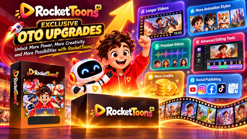 RocketToons OTO upgrades featuring longer animated videos, premium AI voices, advanced editing tools, additional AI credits, animation styles, and social publishing features.